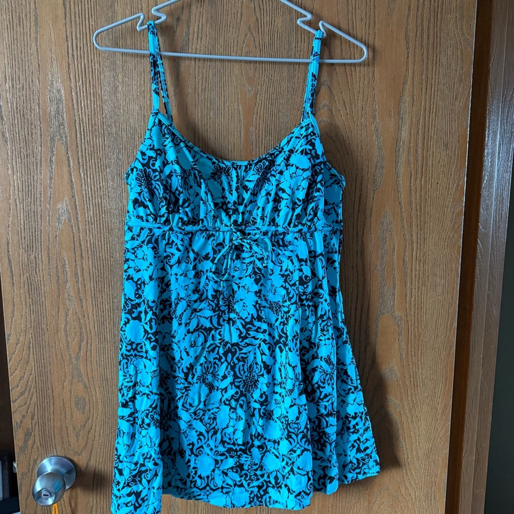 Women’s Swim Dress, Size 14, Blue Tropical Pattern